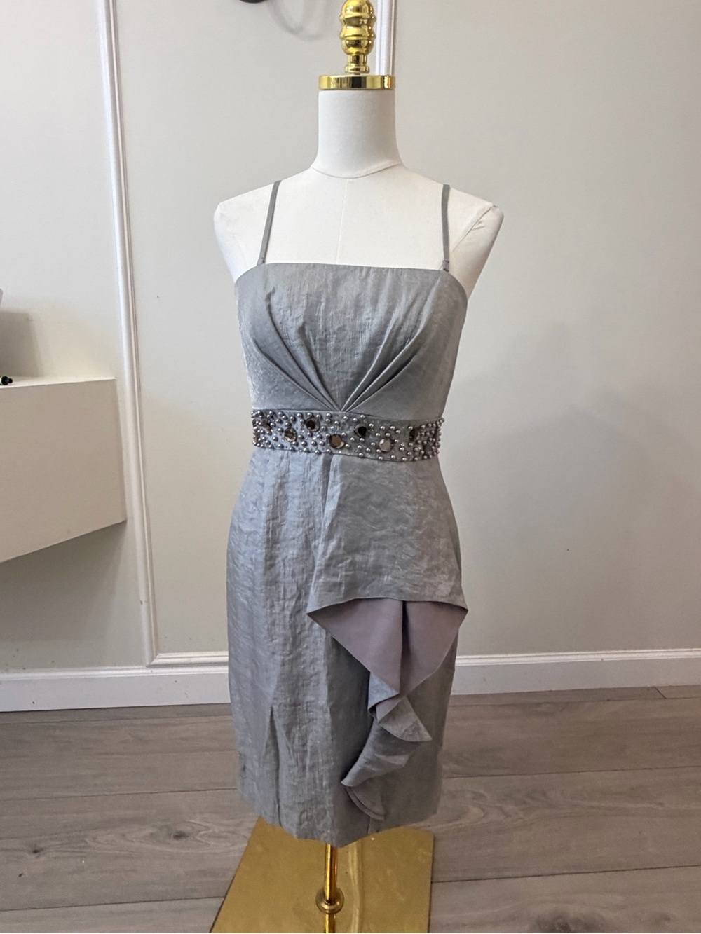 Adrianna Papell Silver Midi Dress with Lilac Ruffle & Jeweled Waistband - Picture 5 of 13